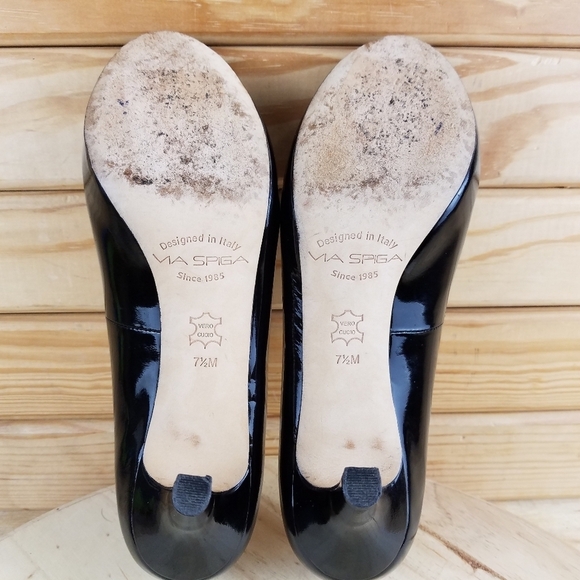 VIA SPIGA 7.5 US Slip on Black Leather Stiletto High Heels Pumps Peep Toe Shoes - Picture 11 of 12